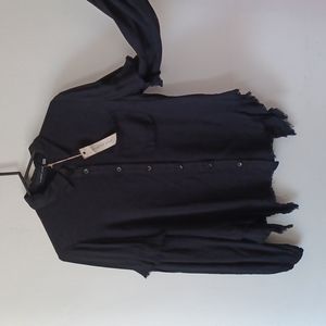 SUMMER Black FRINGE Distressed Detailed Black Pocket Blouse Button Down Shirt